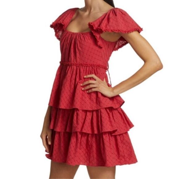 Cinq a Sept NWT Marcia Tiered Mini Dress Red Ruffle Eyelet Laceup Cotton Sz 4 - Picture 2 of 11